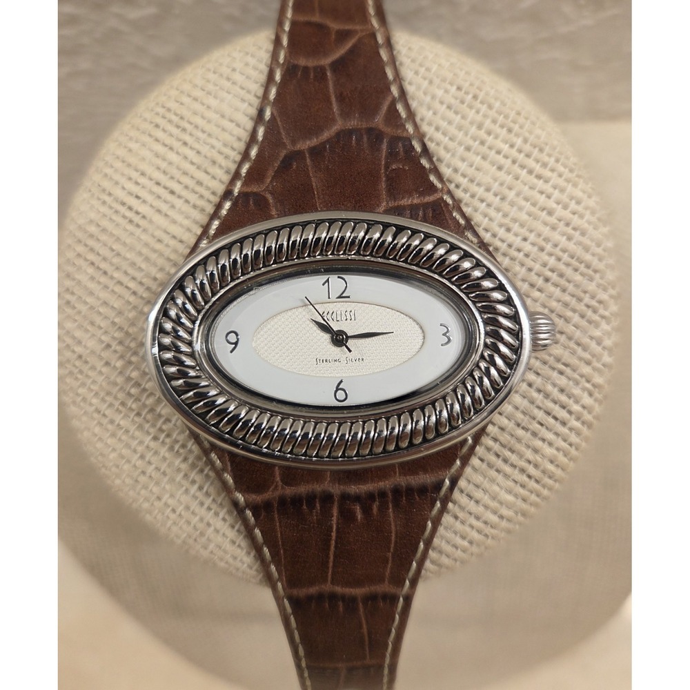 ECCLISSI Sterling Silver Art Deco Womens Watch, Leather Straps 22940 New Battery